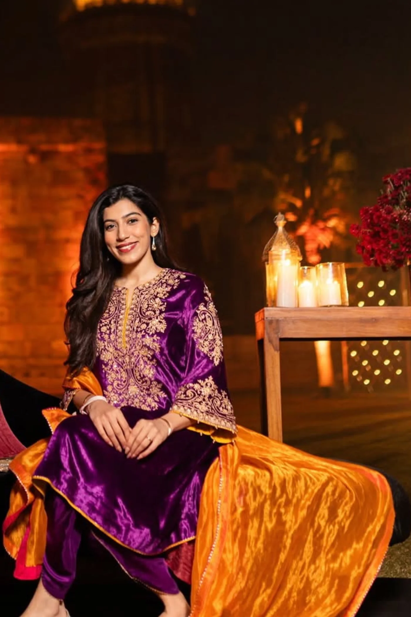 Suhana Nanda In Eira - Silk Velvet Deep Purple A-line Kurta with Dhoti - Image 4