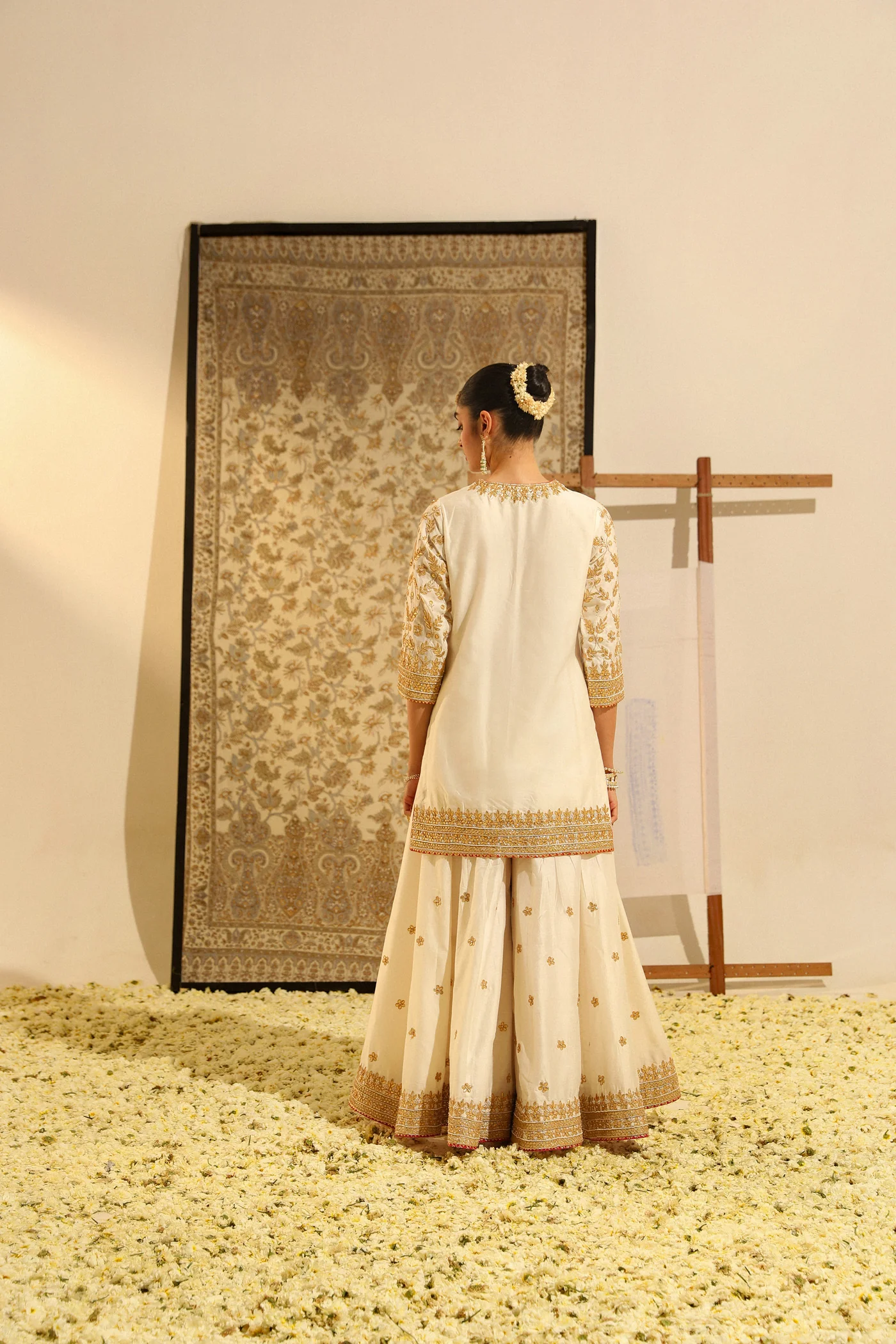 Suleman - Daisy Ivory Hand Embroidered Kurta with Sharara and Odhni - Image 4