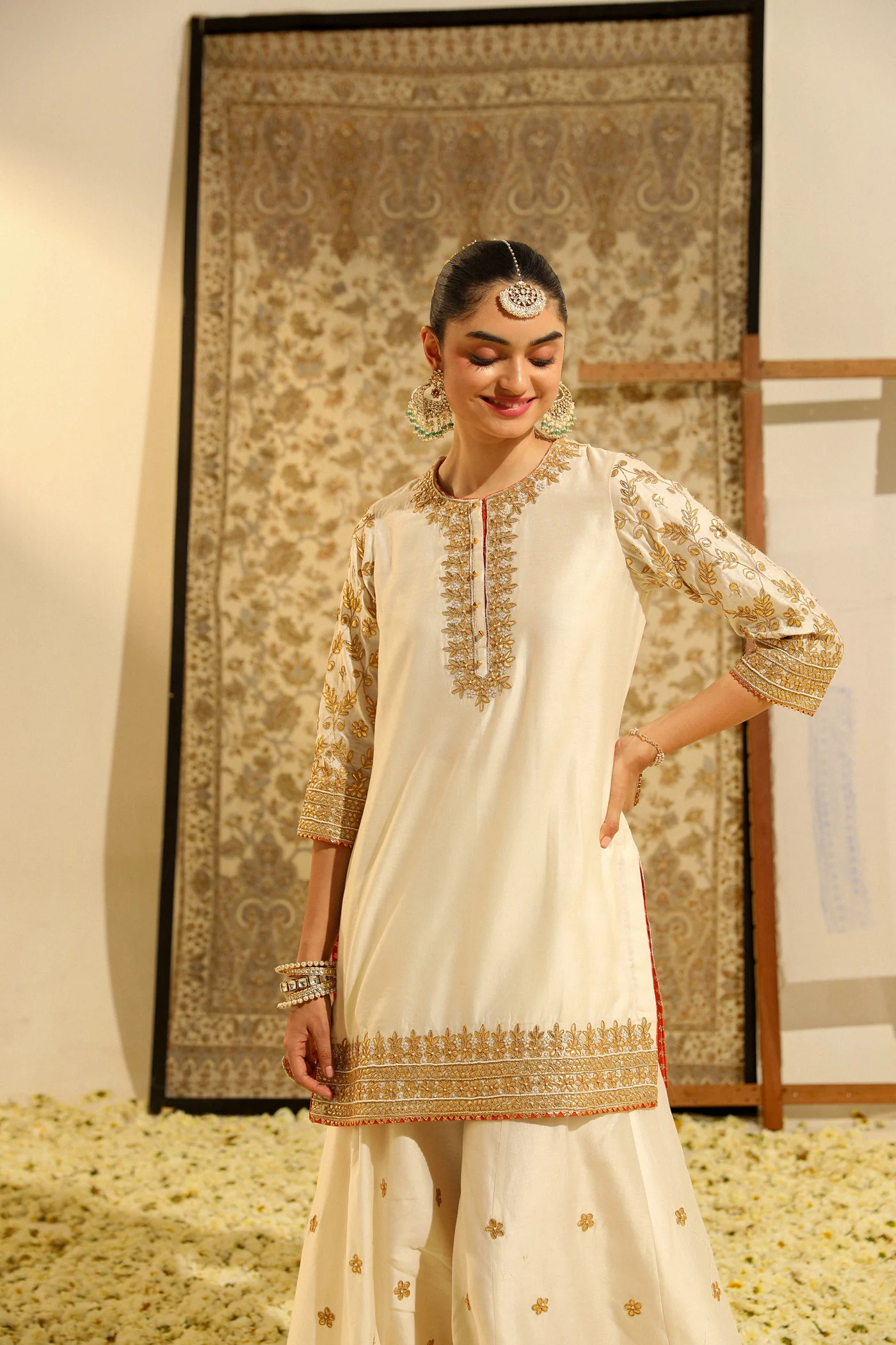 Suleman - Daisy Ivory Hand Embroidered Kurta with Sharara and Odhni - Image 5