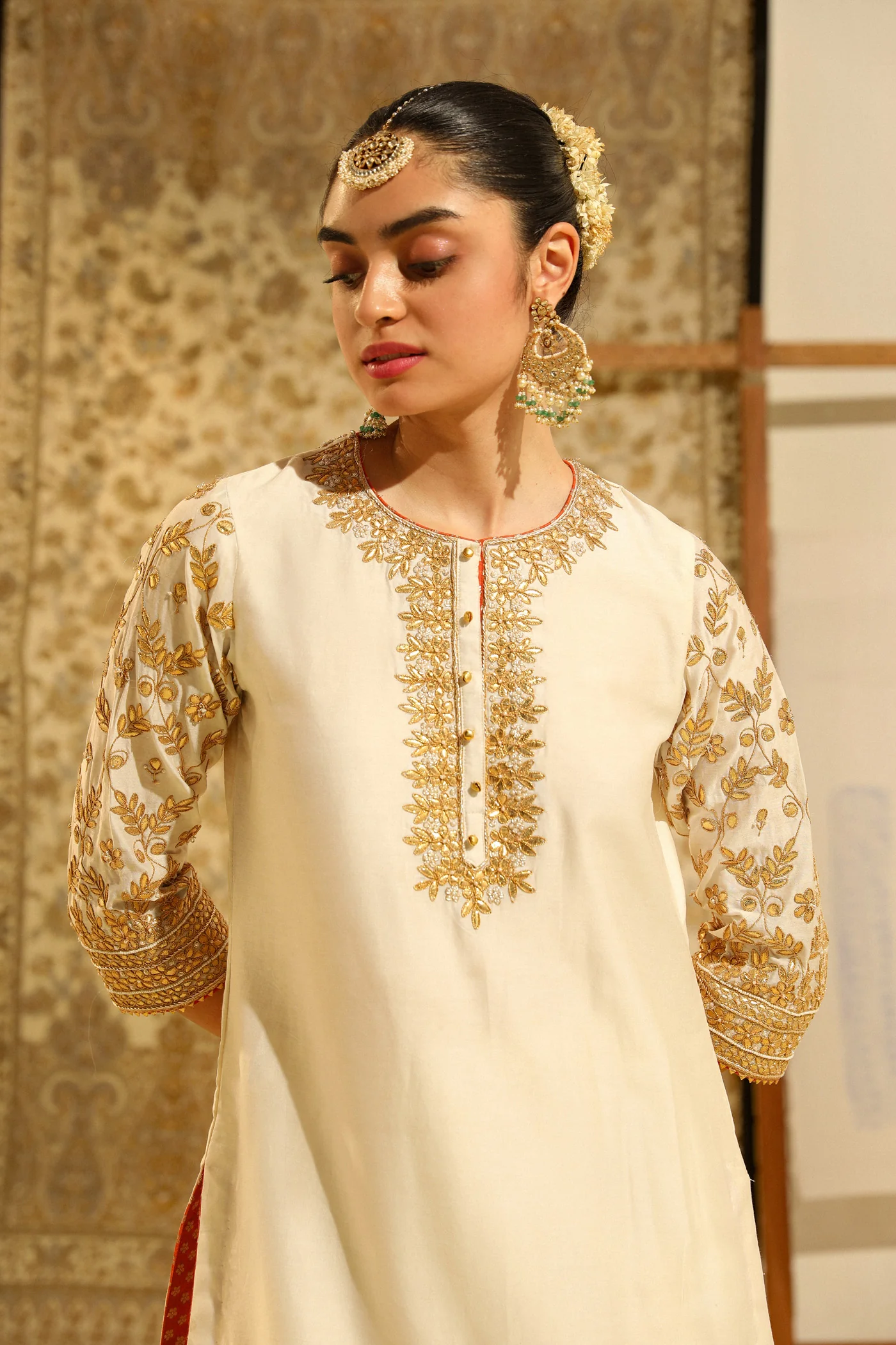 Suleman - Daisy Ivory Hand Embroidered Kurta with Sharara and Odhni - Image 6
