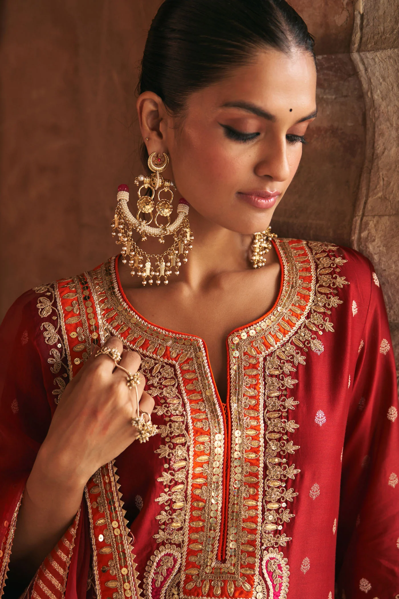 SUMAIRA - DEEP RED LONG KURTA WITH PALAZZO AND DUPATTA - Image 5