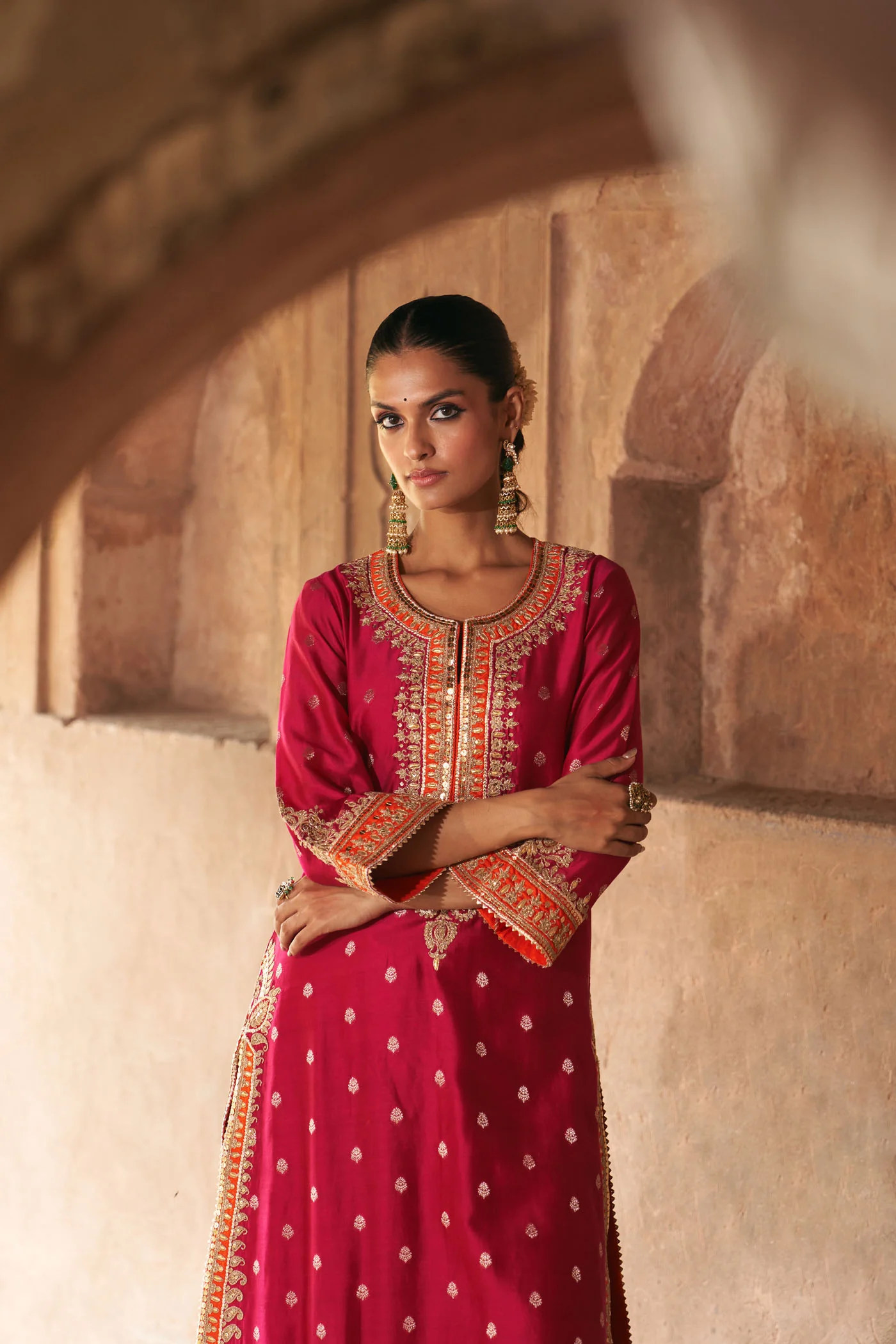 SUMAIRA - Rani Hotpink LONG KURTA WITH PALAZZO AND DUPATTA - Image 3