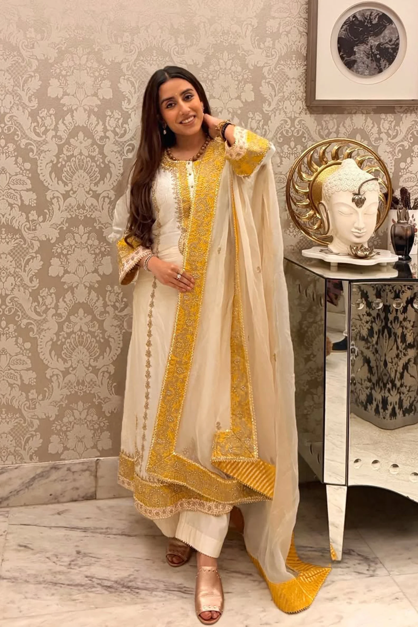 Upasana Ghai In Asmira - Daisy Ivory Long Kurta with Palazzo & Dupatta - Image 2