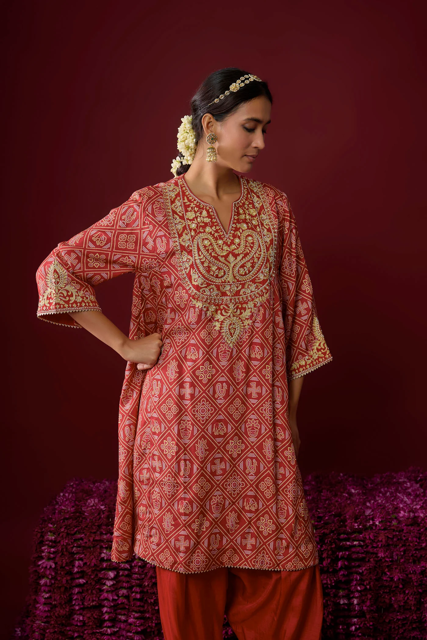 Urwa - Deep Red Short Chauga With Salwar - Image 3
