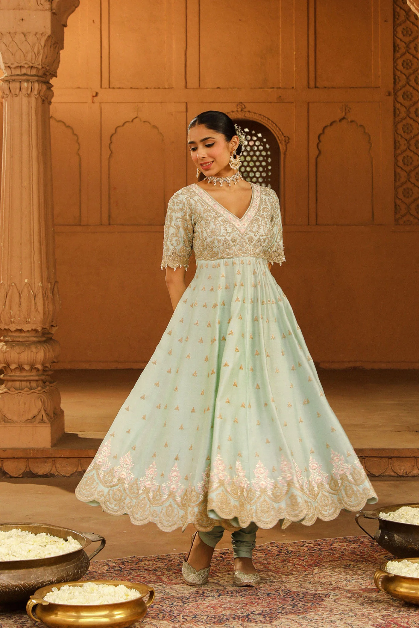 Wasifa - Misty Green Ankle Length Anarkali with Chooridaar and Dupatta - Image 3