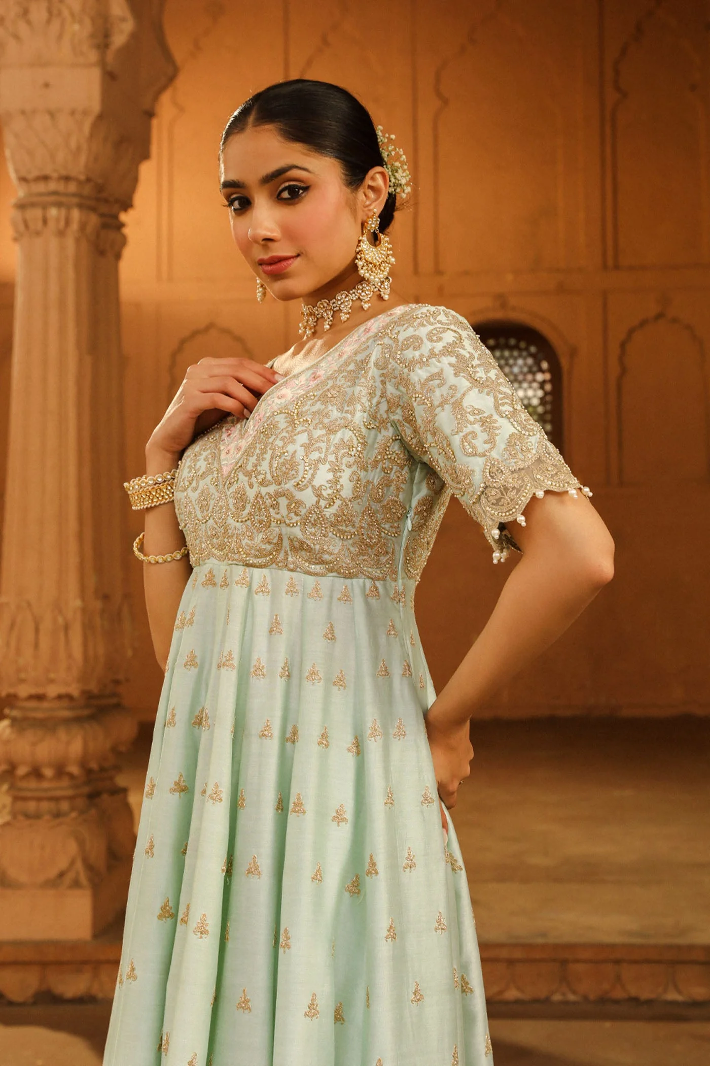 Wasifa - Misty Green Ankle Length Anarkali with Chooridaar and Dupatta (Lxrts) - Image 4