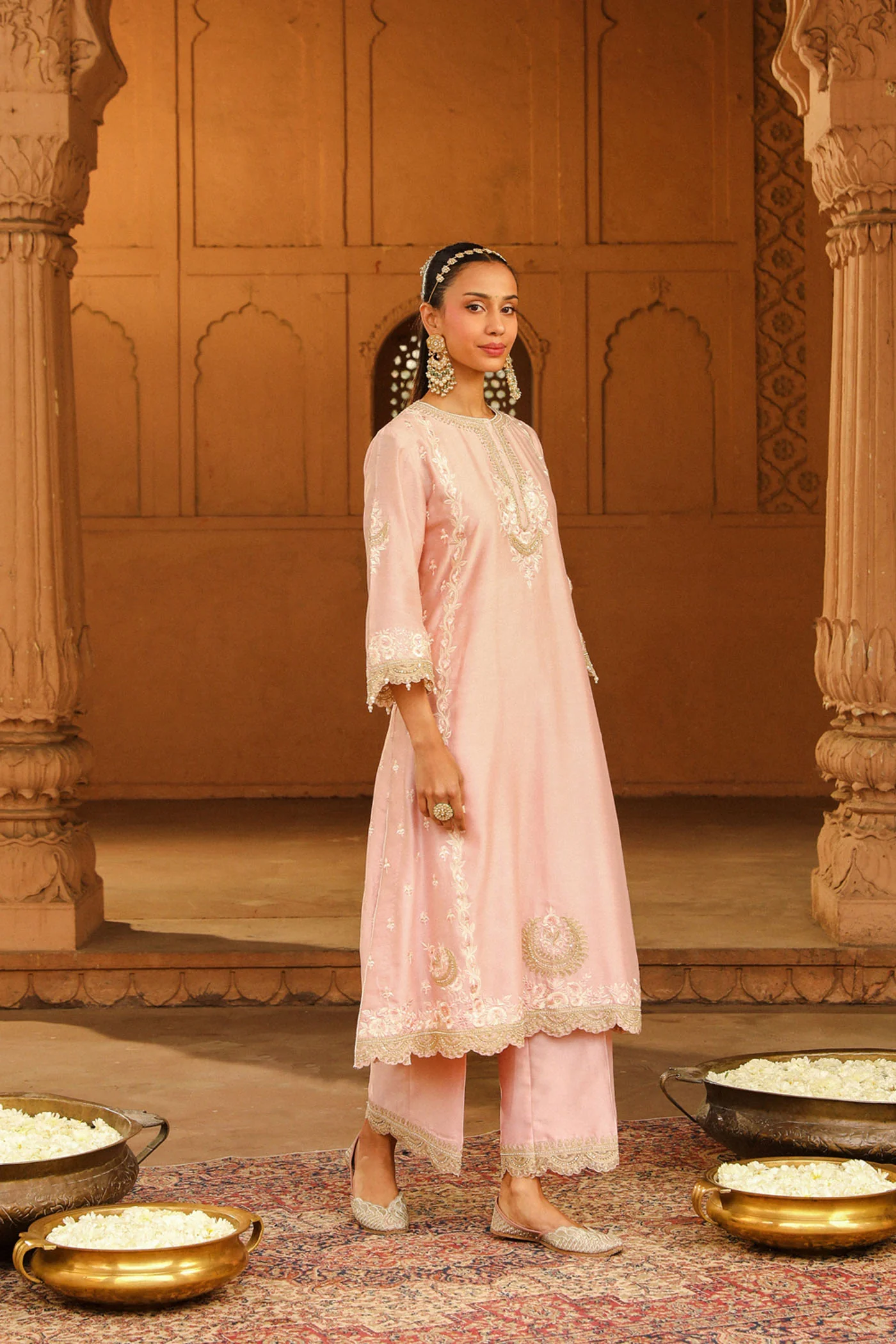 Yasna - Blush Pink Long kurta with palazzo and dupatta - Image 2