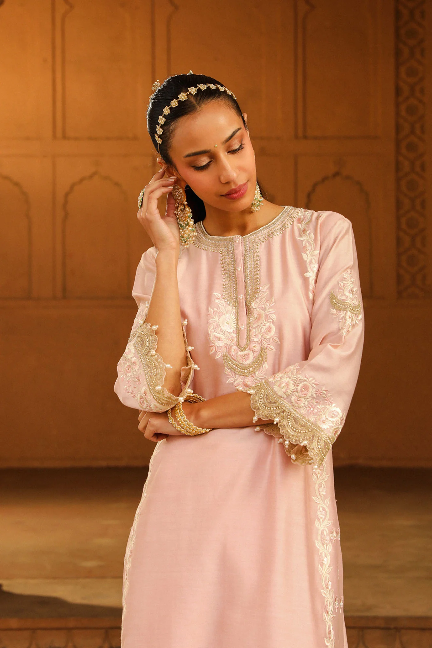Yasna - Blush Pink Long kurta with palazzo and dupatta - Image 3