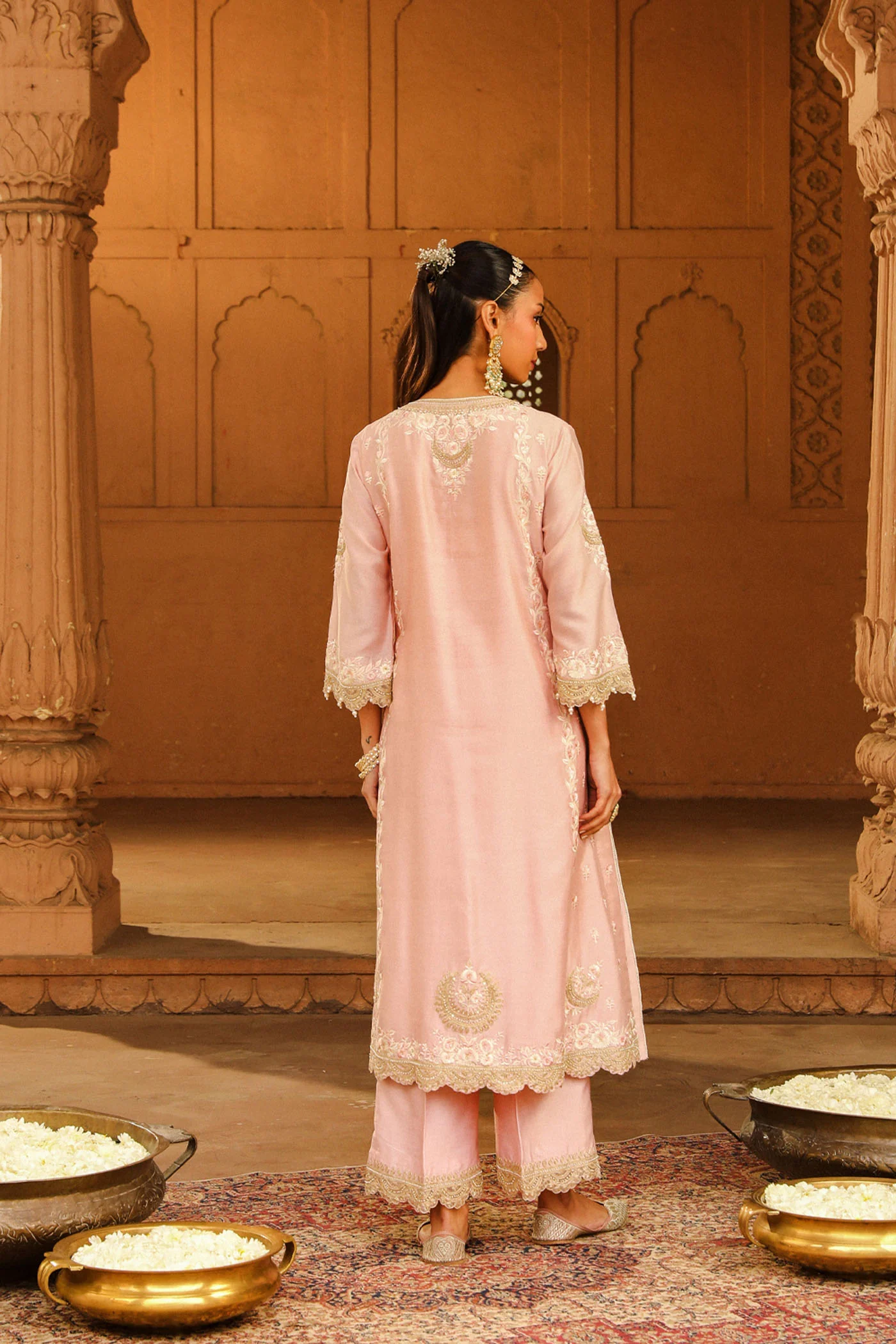 Yasna - Blush Pink Long kurta with palazzo and dupatta - Image 4