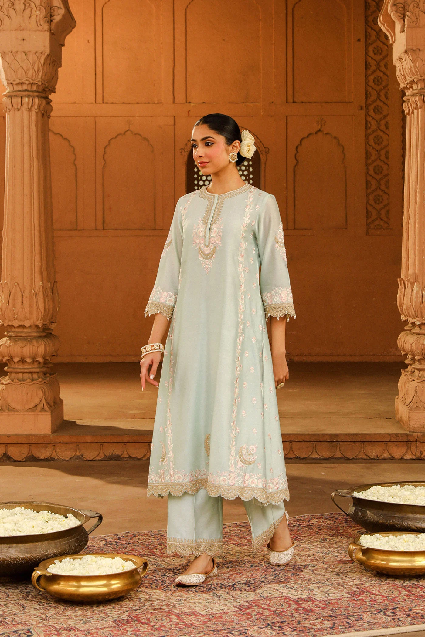 Yasna - Misty Green Long kurta with palazzo and dupatta - Image 3