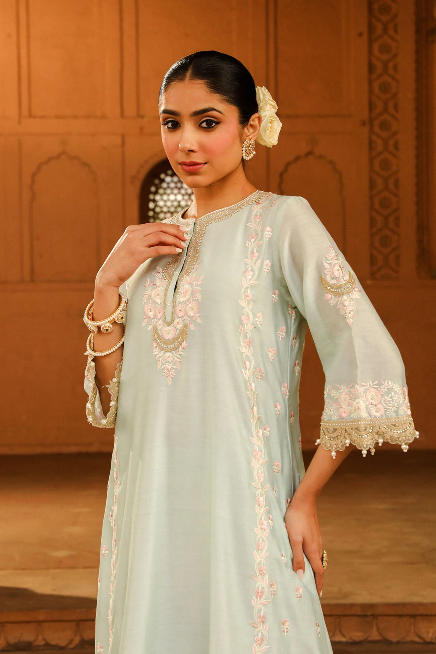 Yasna - Misty Green Long kurta with palazzo and dupatta - Image 4
