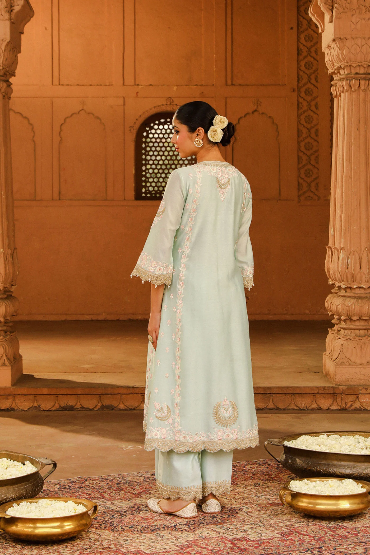 Yasna - Misty Green Long kurta with palazzo and dupatta - Image 5
