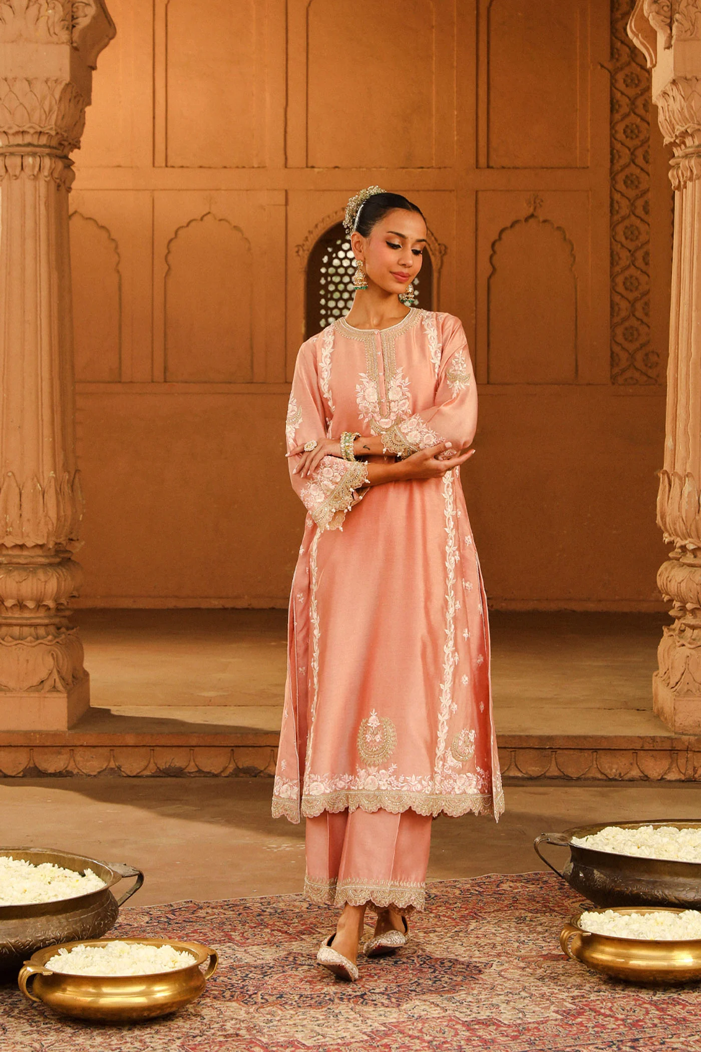 Yasna - Off Rose Long kurta with palazzo and dupatta - Image 2