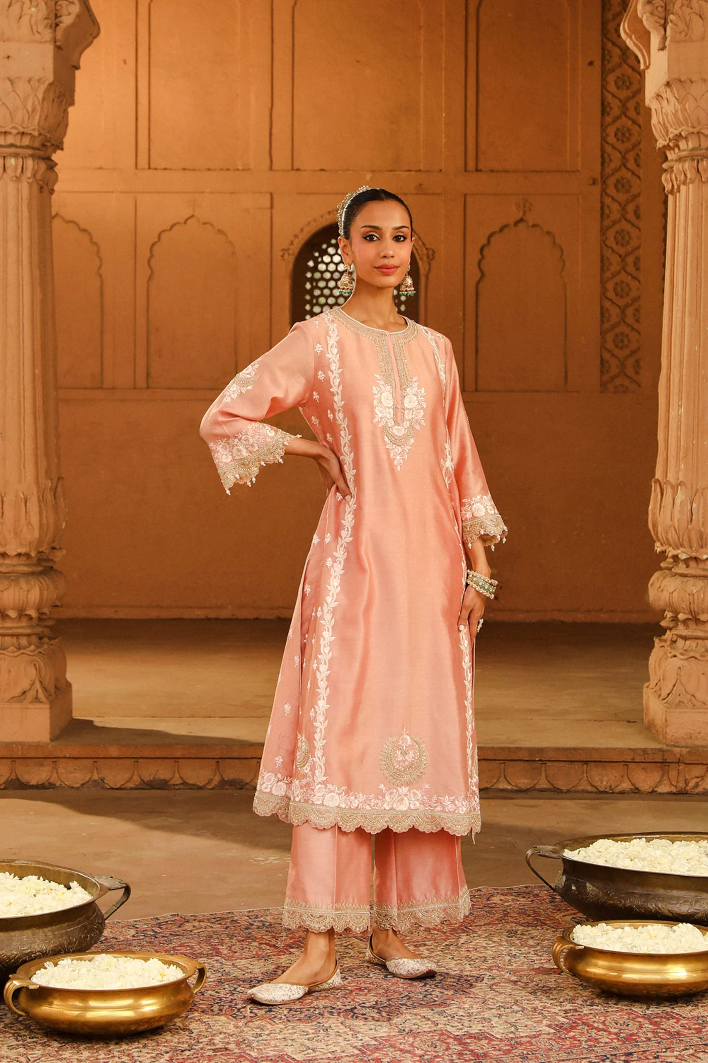 Yasna - Off Rose Long kurta with palazzo and dupatta - Image 3