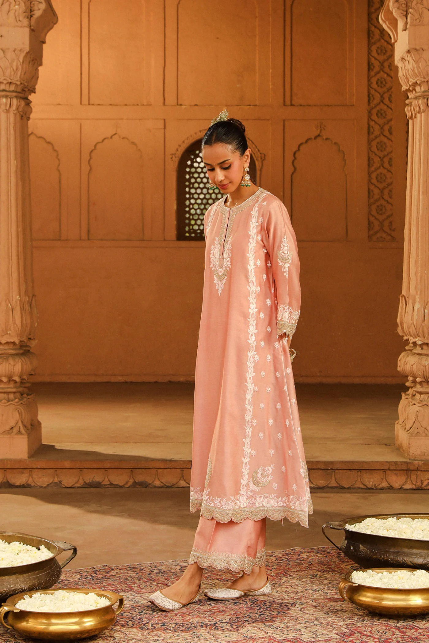 Yasna - Off Rose Long kurta with palazzo and dupatta - Image 4