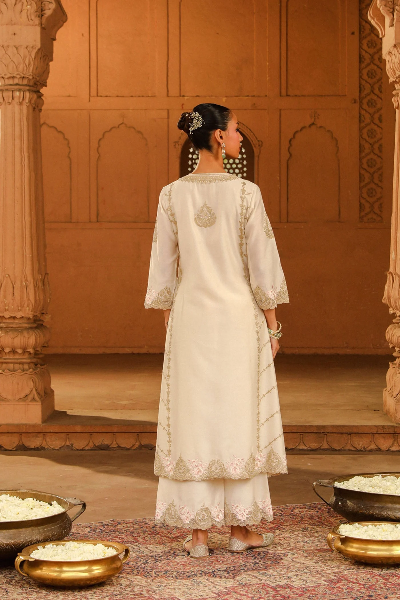 Yusra - Daisy Ivory Long kurta with palazzo and dupatta (Lxrts) - Image 4