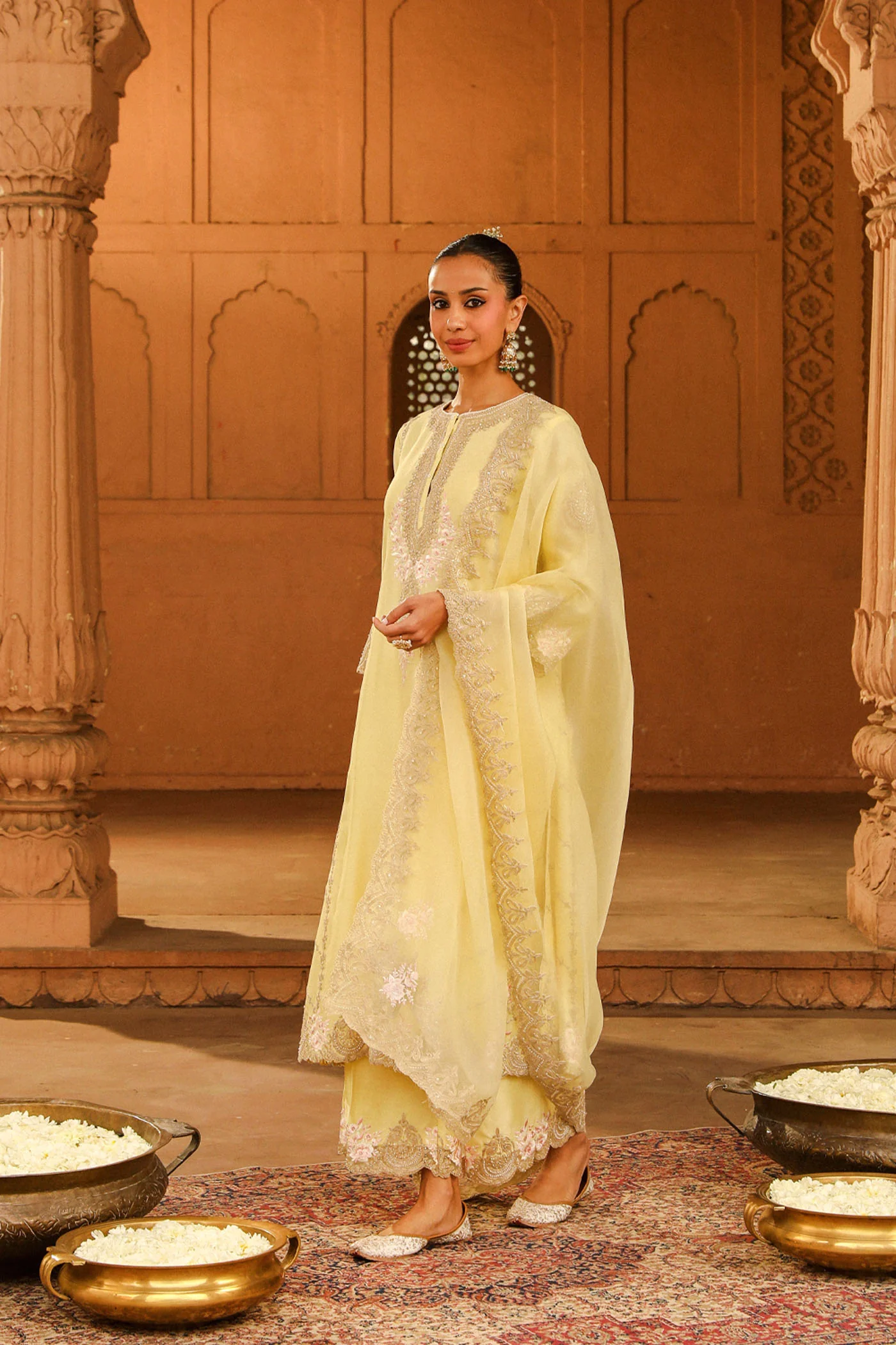 Yusra - Lemon Yellow Long kurta with palazzo and dupatta - Image 3
