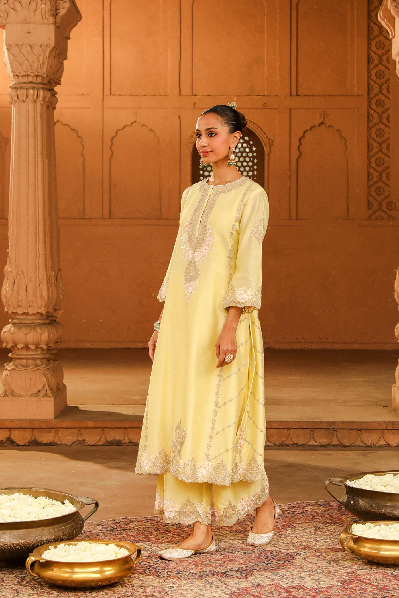 Yusra - Lemon Yellow Long kurta with palazzo and dupatta - Image 4