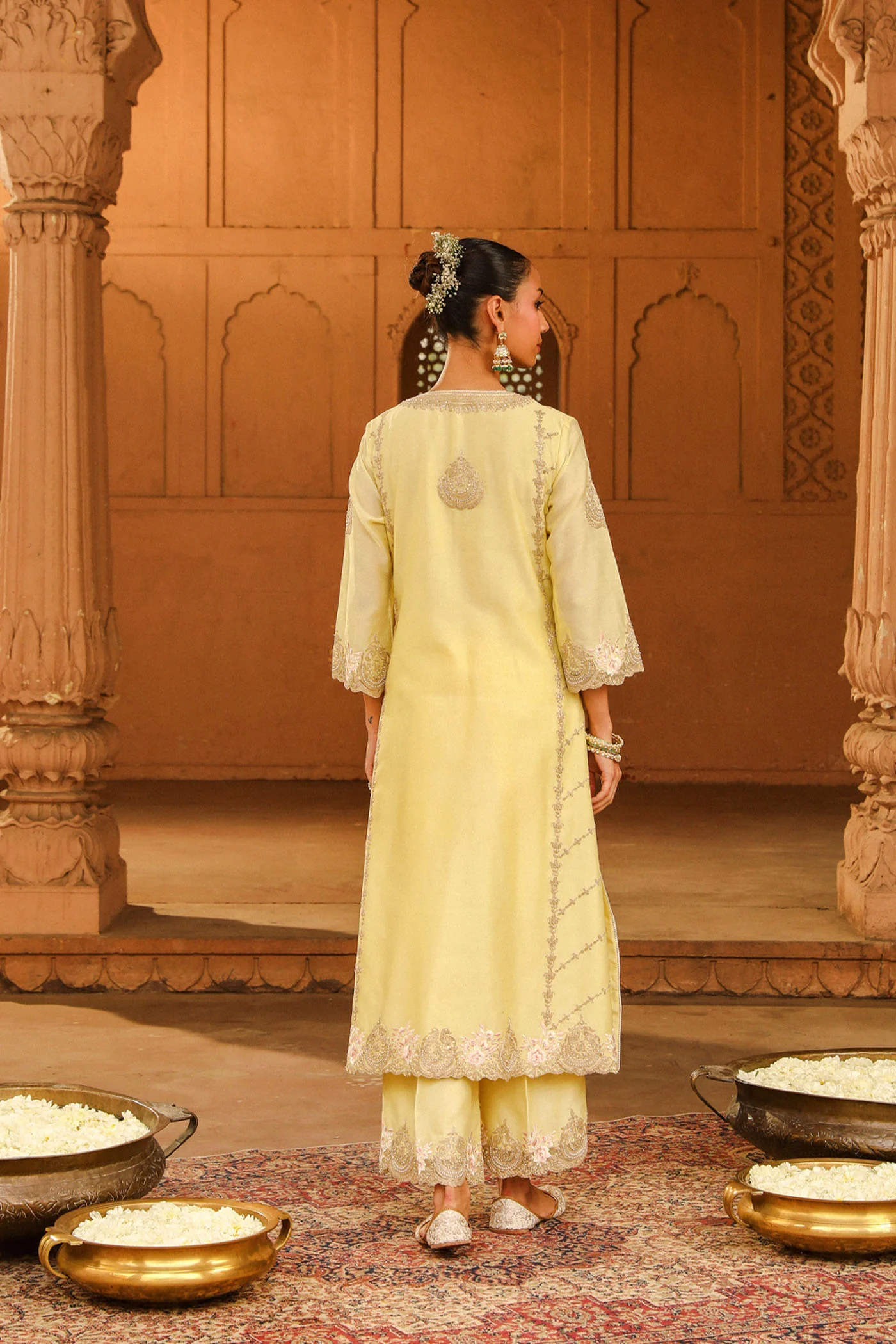 Yusra - Lemon Yellow Long kurta with palazzo and dupatta - Image 5