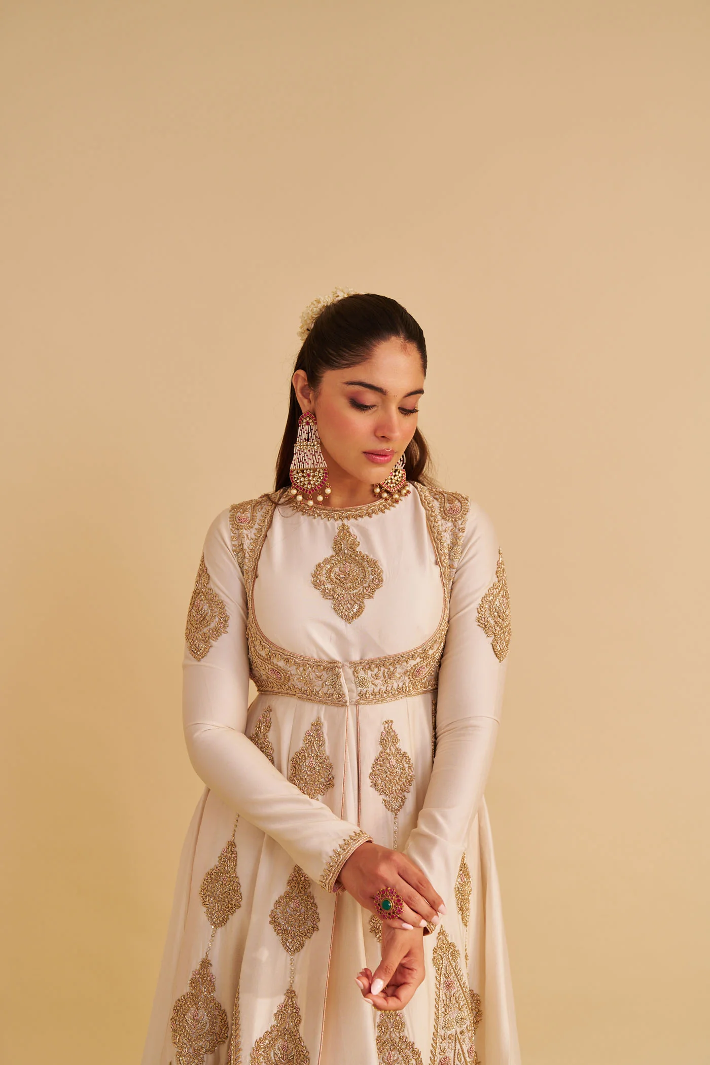 Zainah - Dabka Zardozi Embroidered Silk Daisy Ivory Anarkali  Set - Image 6