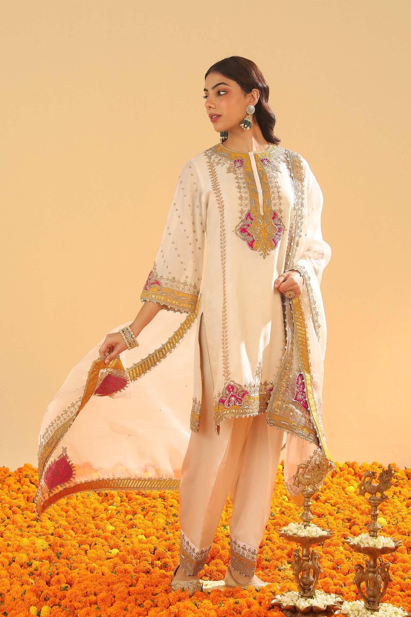 Ziana -  Daisy Ivory Short Straight Kurta with Salwar and Dupatta (Lxrts)