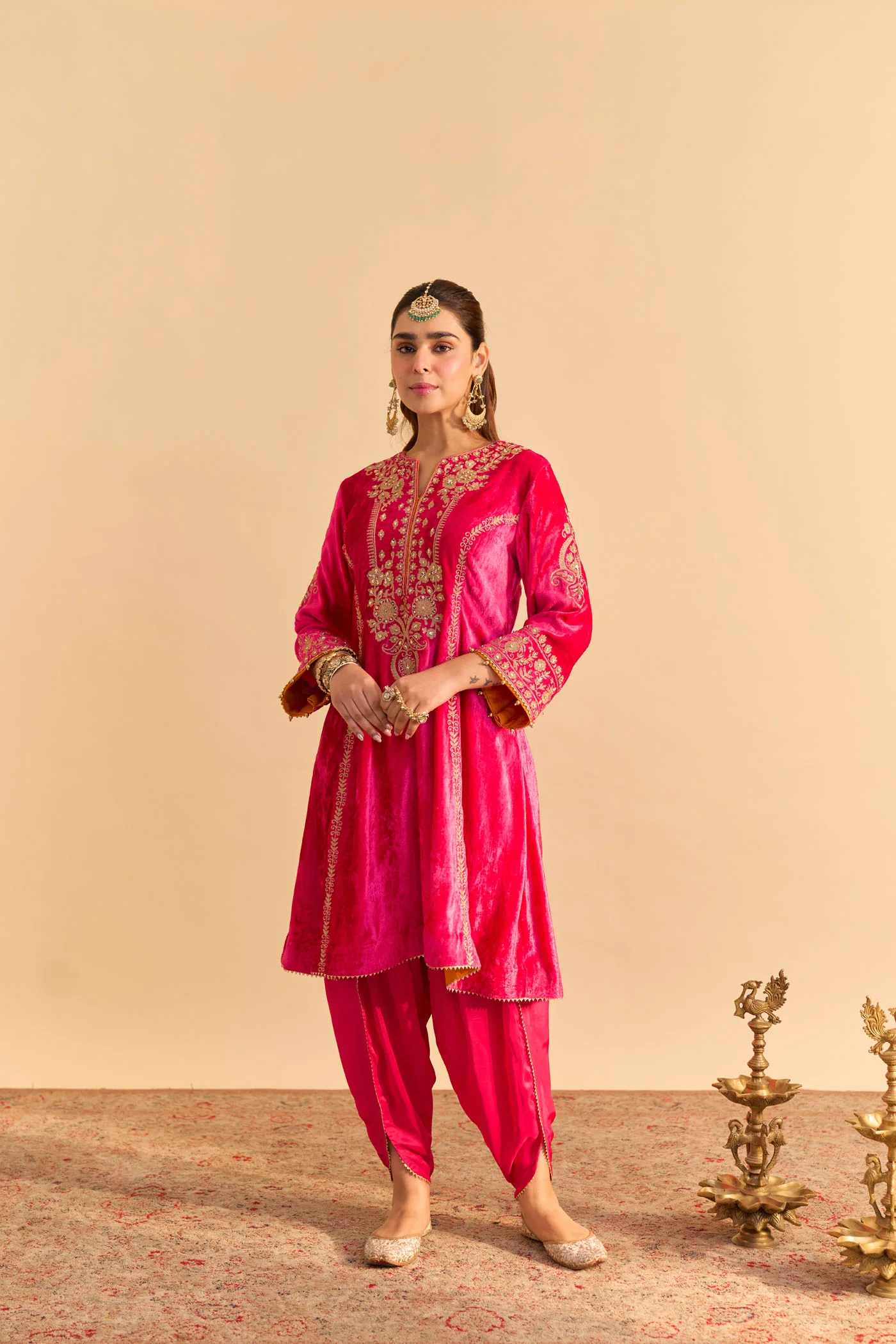 Ziara - Silk Velvet Rani Hotpink Kurta with Dhoti - Image 2