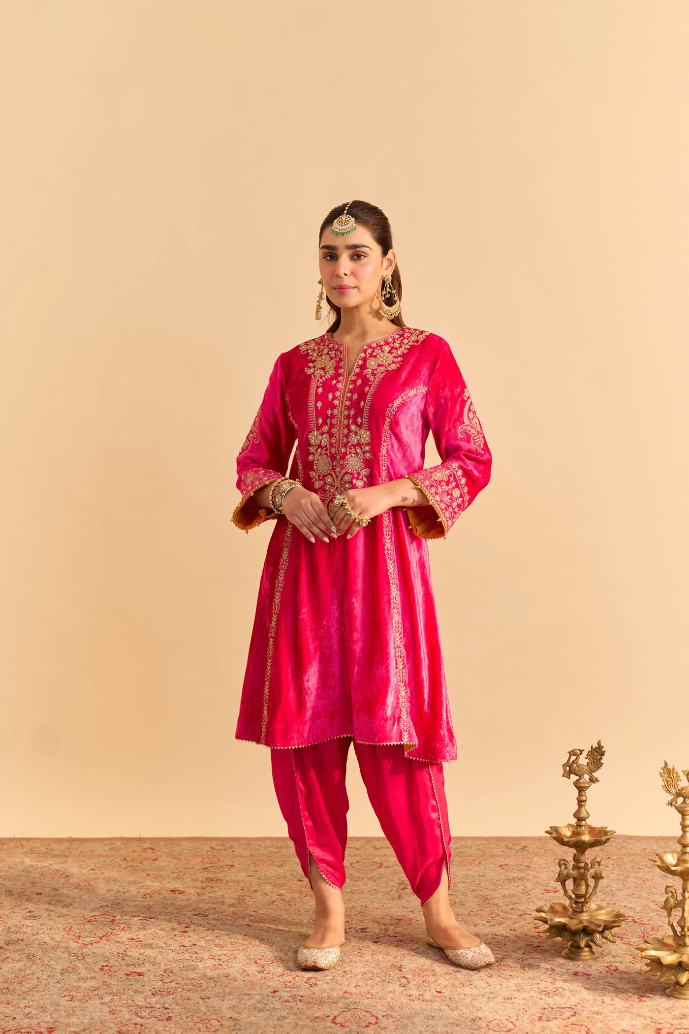 Ziara - Silk Velvet Rani Hotpink Kurta with Dhoti - Image 3