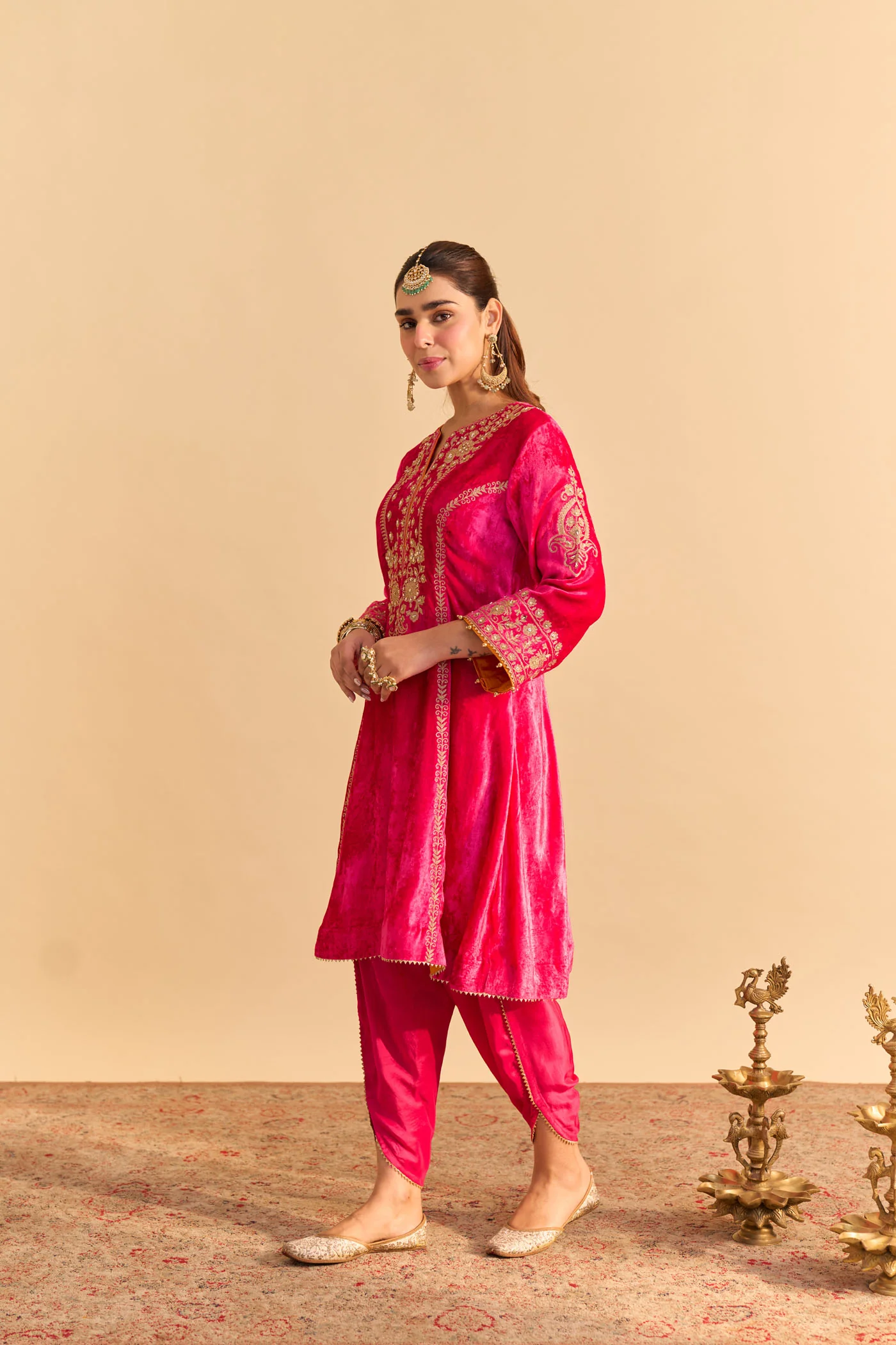Ziara - Silk Velvet Rani Hotpink Kurta with Dhoti - Image 4