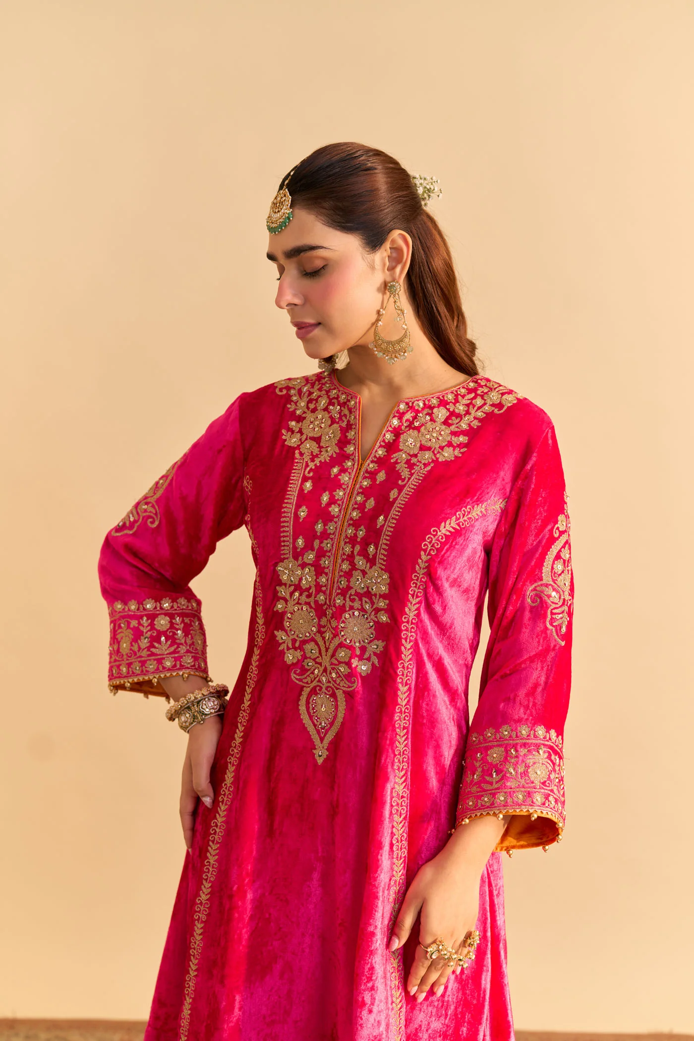 Ziara - Silk Velvet Rani Hotpink Kurta with Dhoti - Image 6
