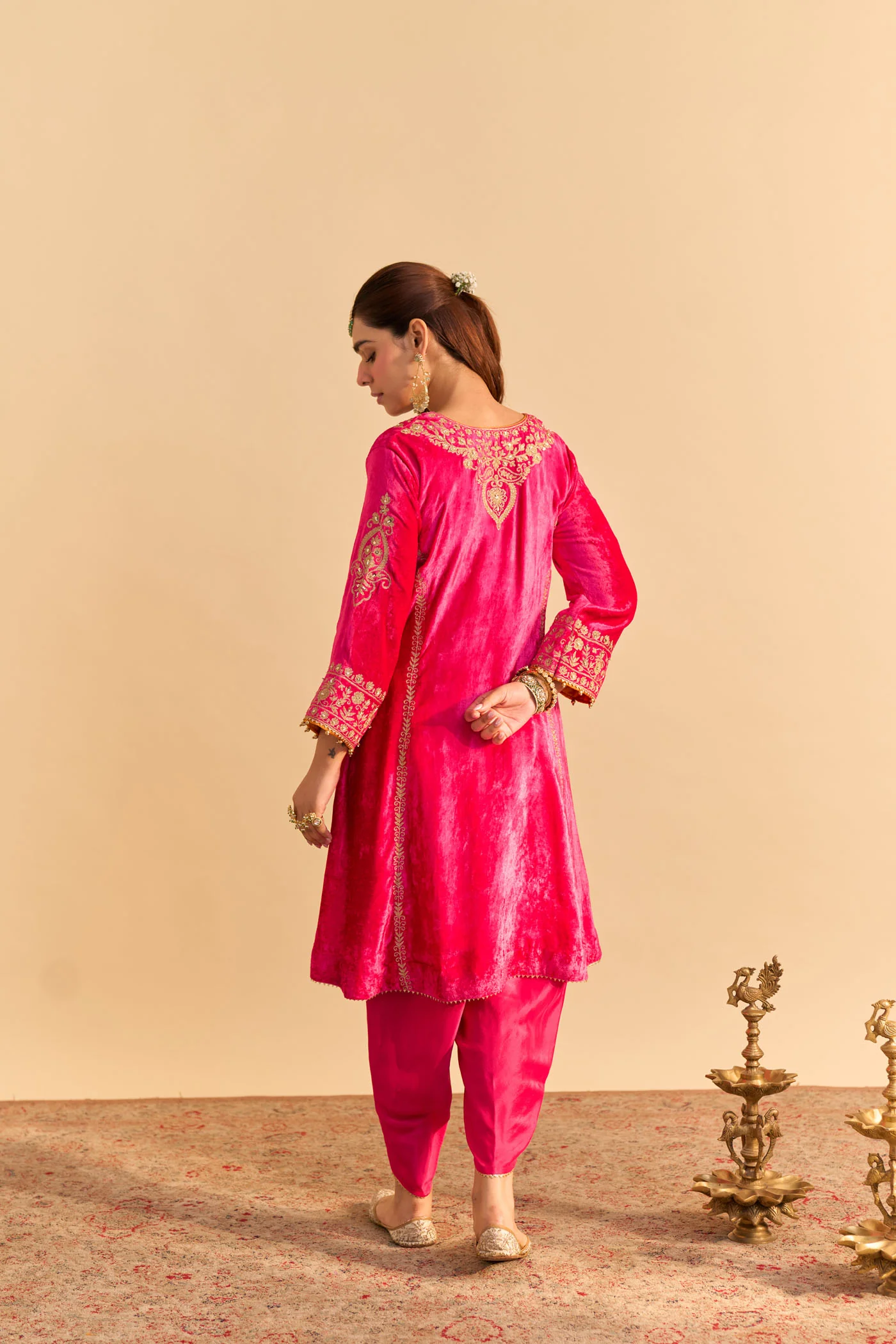 Ziara - Silk Velvet Rani Hotpink Kurta with Dhoti - Image 7