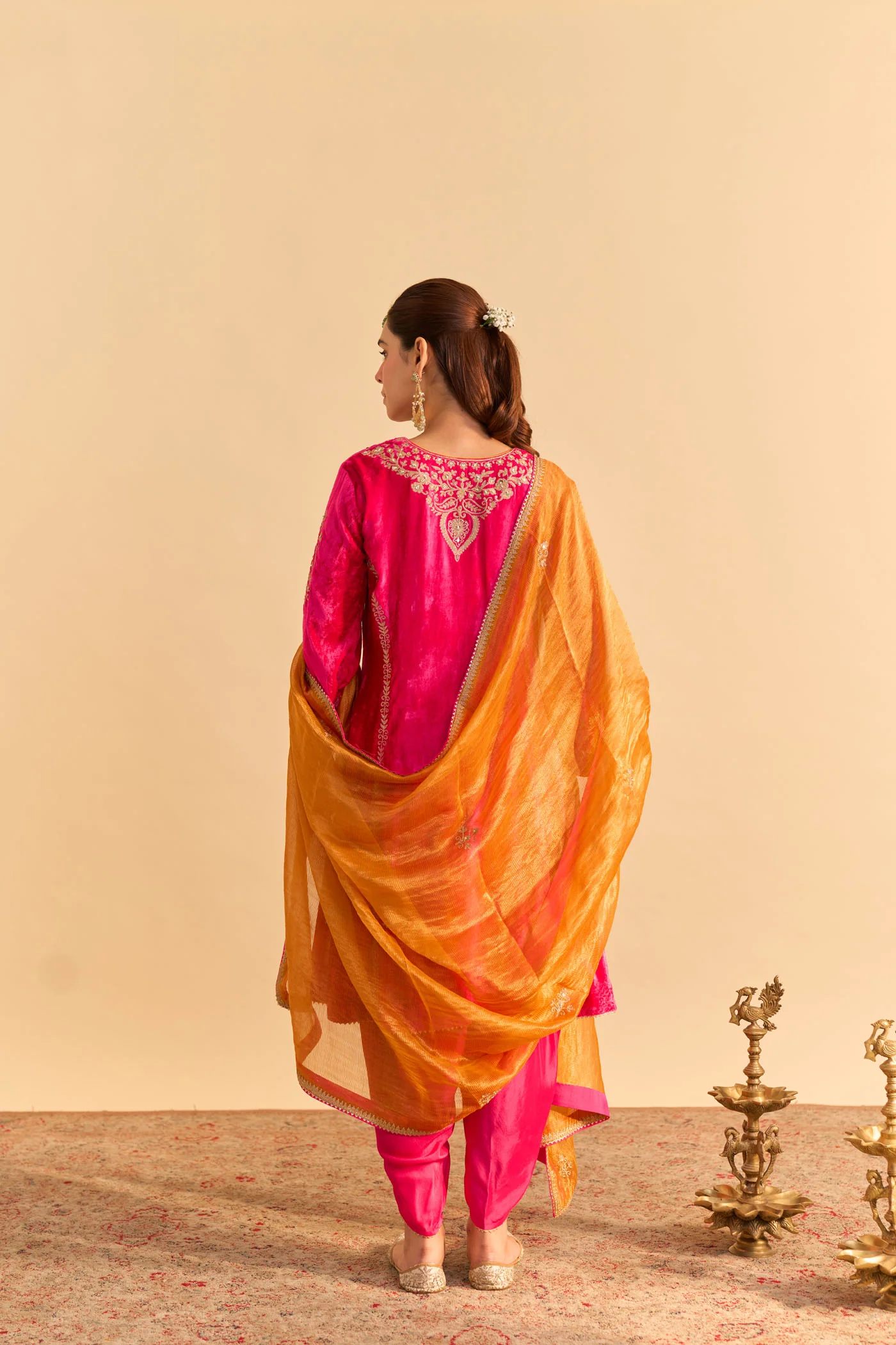 Ziara - Silk Velvet Rani Hotpink Kurta with Dhoti - Image 8