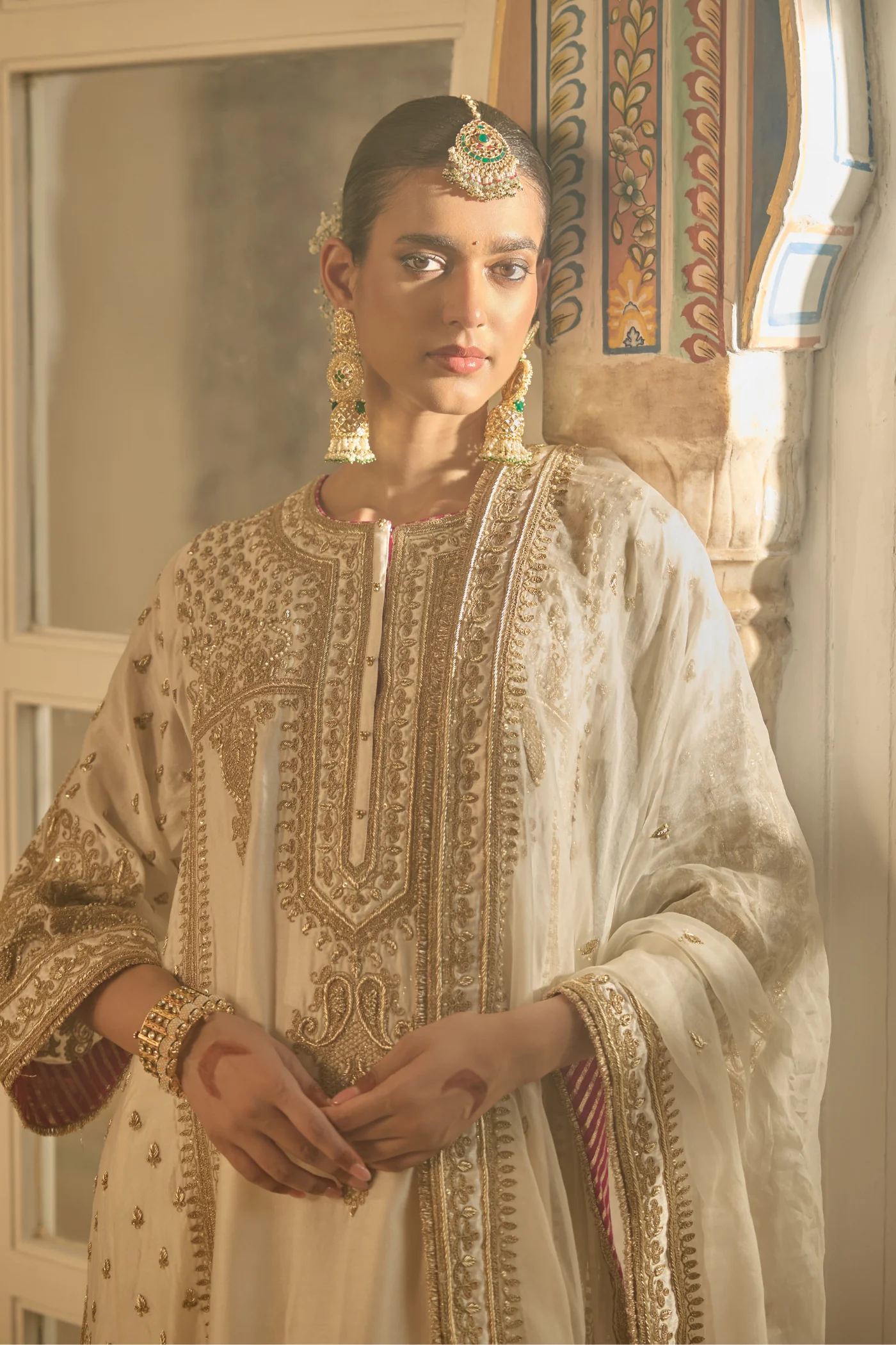 Zoya - Dabka Zardozi Embroidered Rich Banarasi Kalidaar Daisy Ivory Long Chauga Set - Image 2