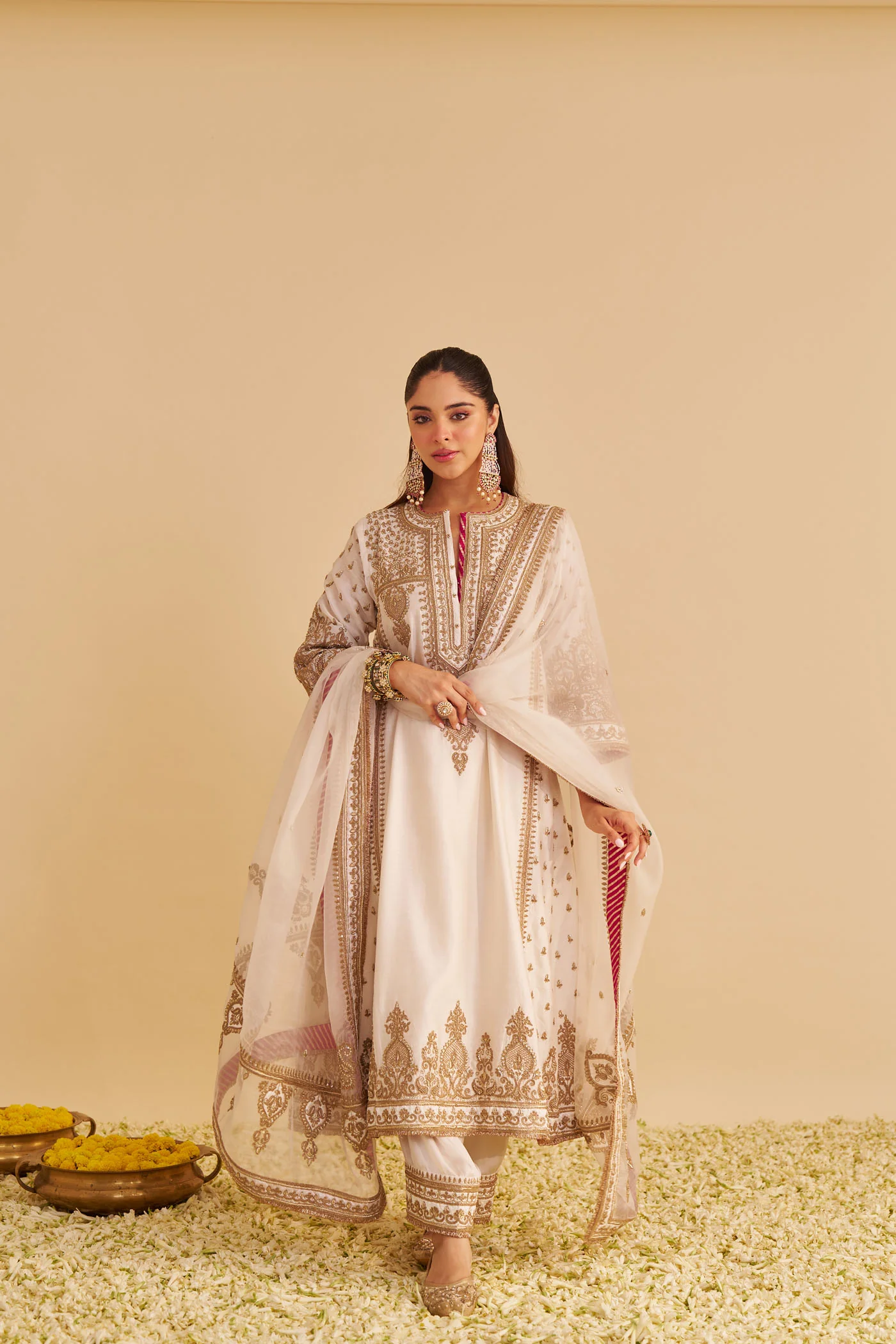 Zoya - Dabka Zardozi Embroidered Rich Banarasi Kalidaar Daisy Ivory Long Chauga Set - Image 3