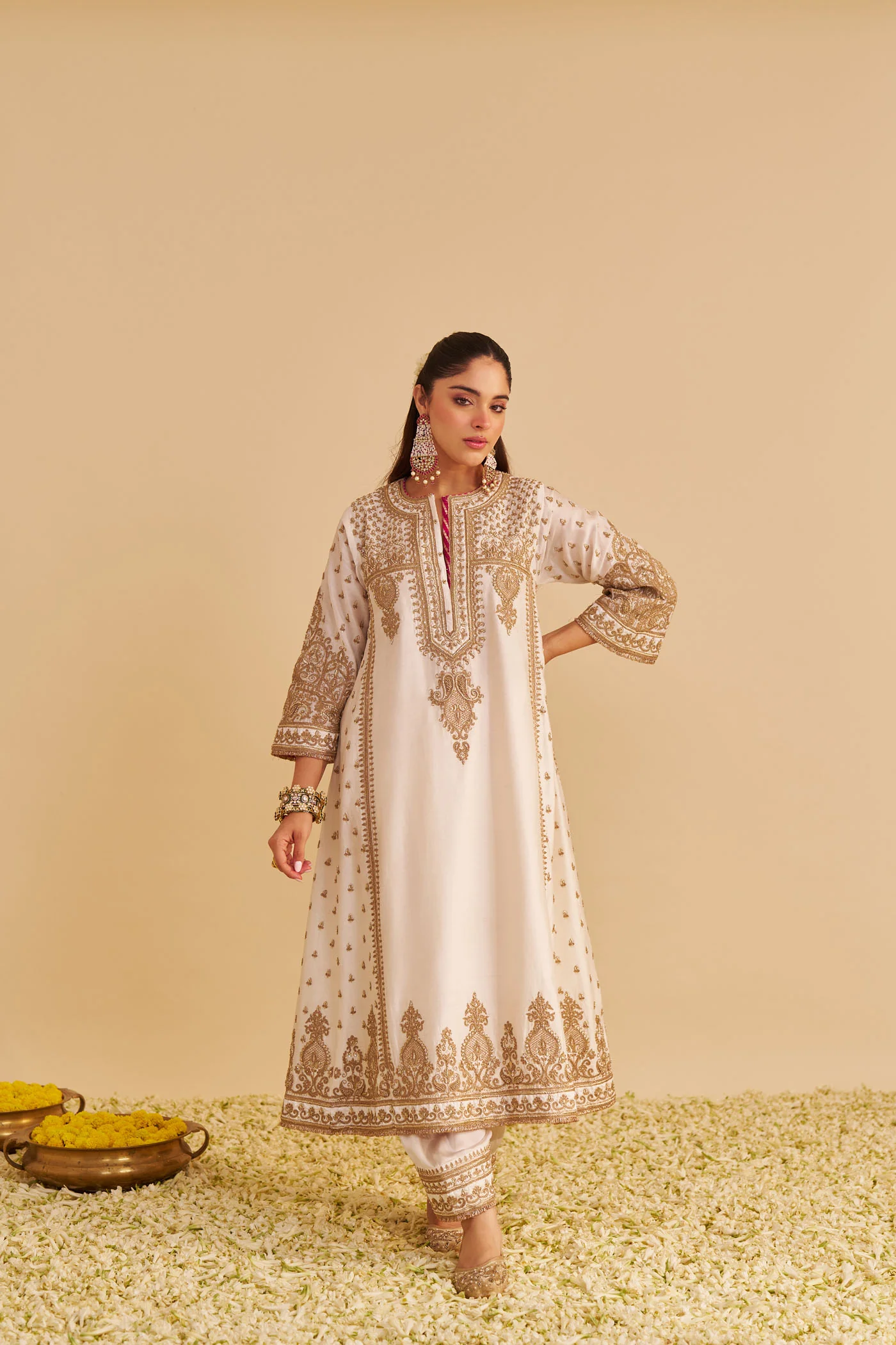 Zoya - Dabka Zardozi Embroidered Rich Banarasi Kalidaar Daisy Ivory Long Chauga Set - Image 5