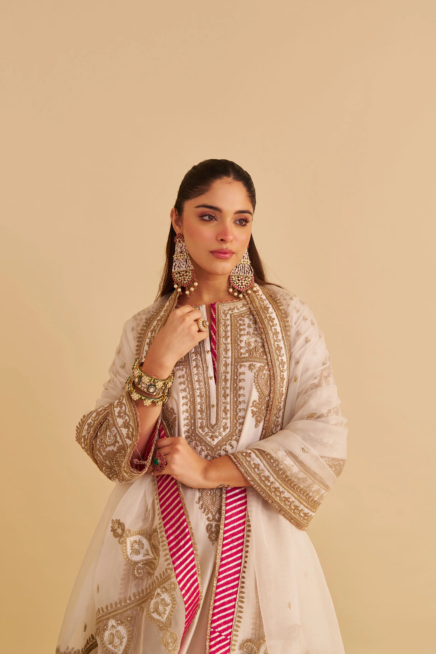 Zoya - Dabka Zardozi Embroidered Rich Banarasi Kalidaar Daisy Ivory Long Chauga Set - Image 7