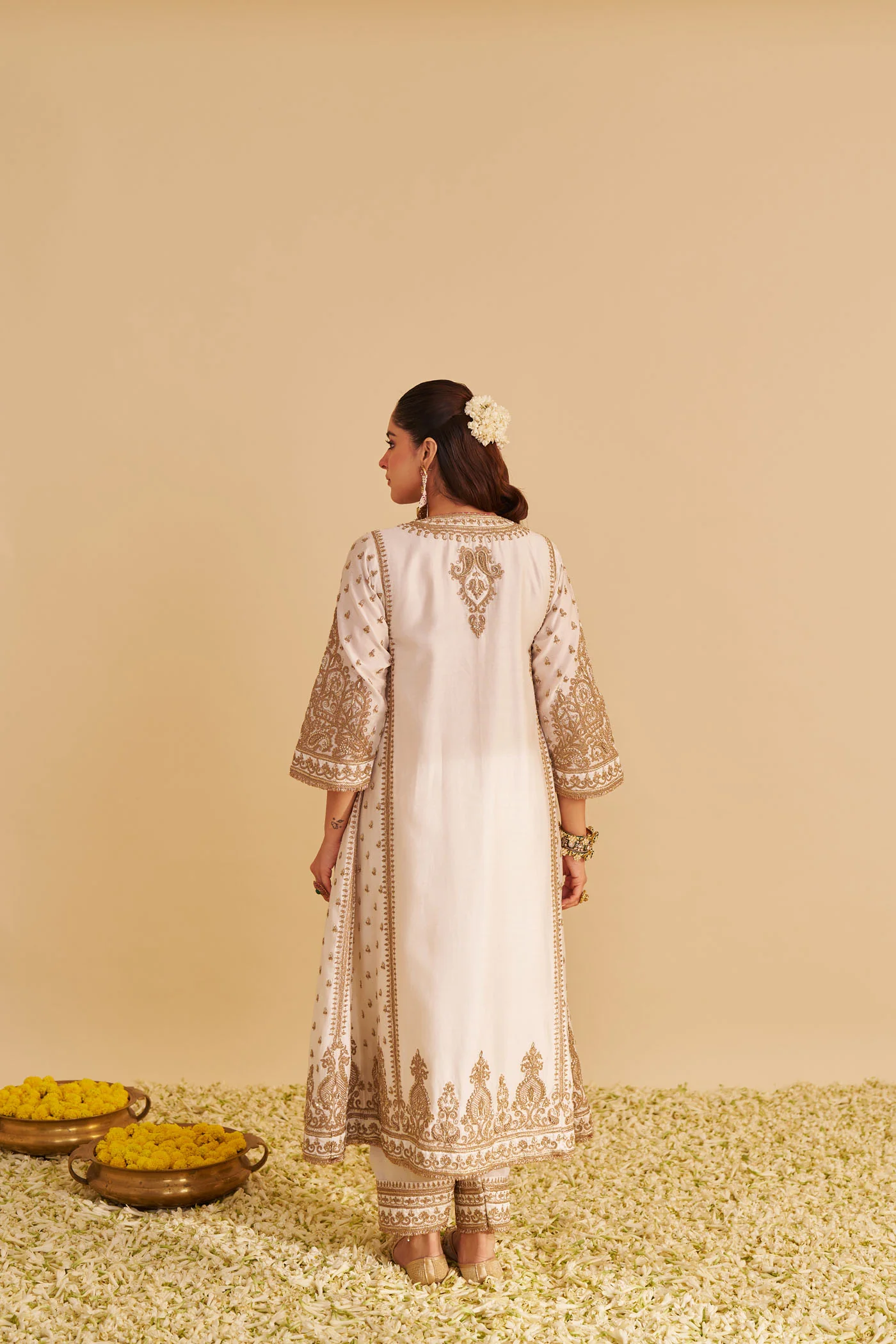Zoya - Dabka Zardozi Embroidered Rich Banarasi Kalidaar Daisy Ivory Long Chauga Set - Image 8