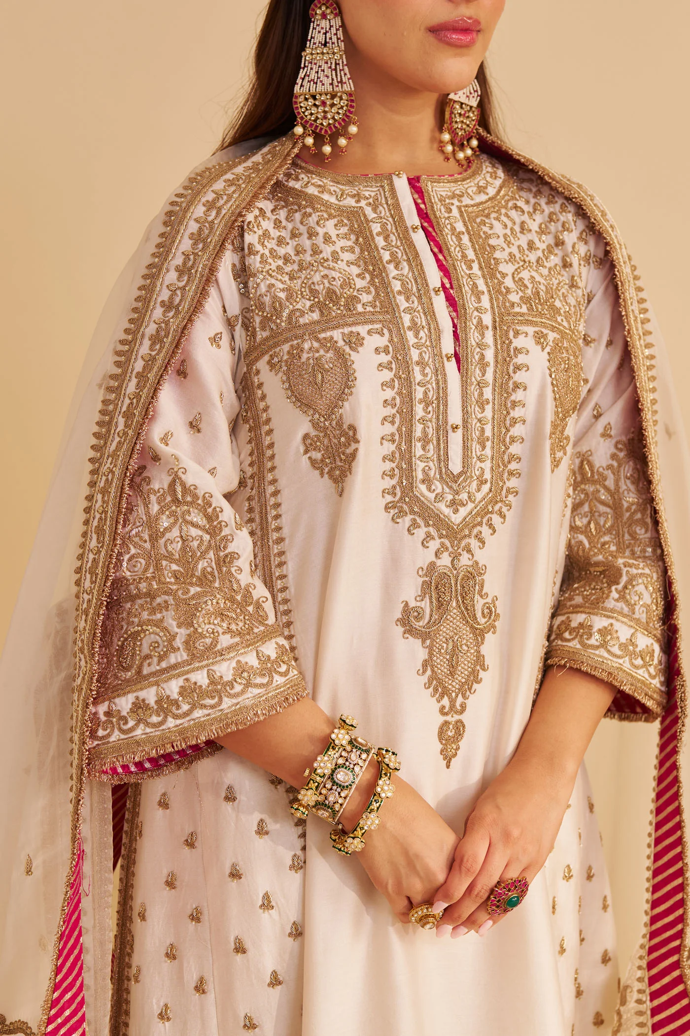 Zoya - Dabka Zardozi Embroidered Rich Banarasi Kalidaar Daisy Ivory Long Chauga Set - Image 9