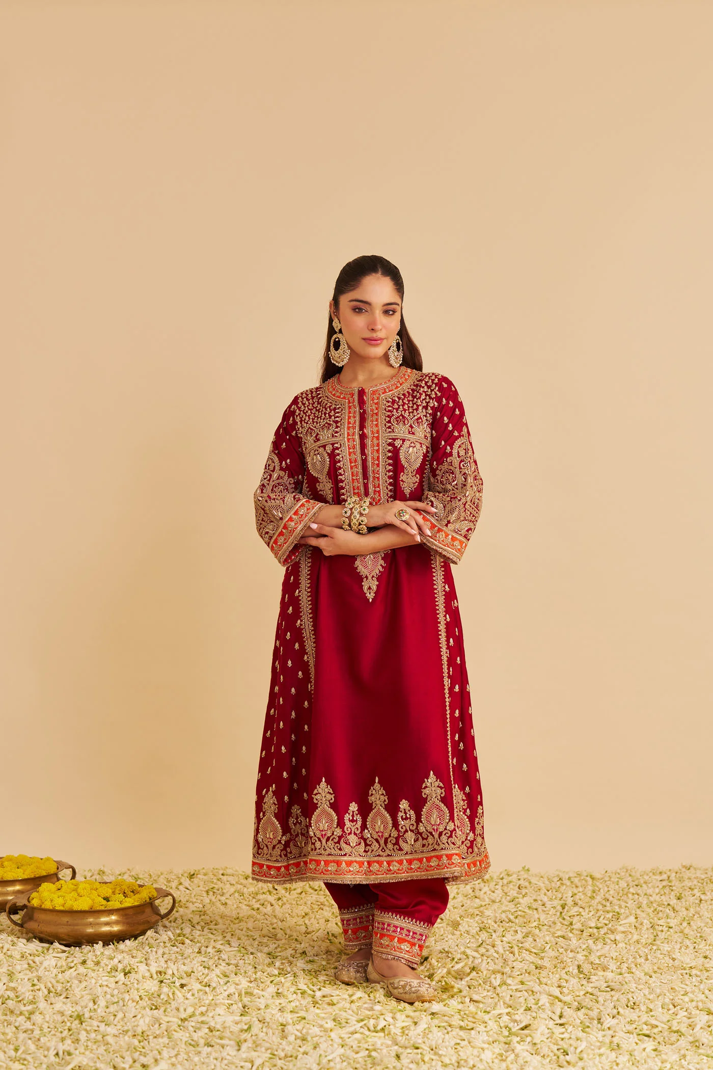 Zoya - Dabka Zardozi Embroidered Rich Banarasi Kalidaar Deep Red Long Chauga Set - Image 2