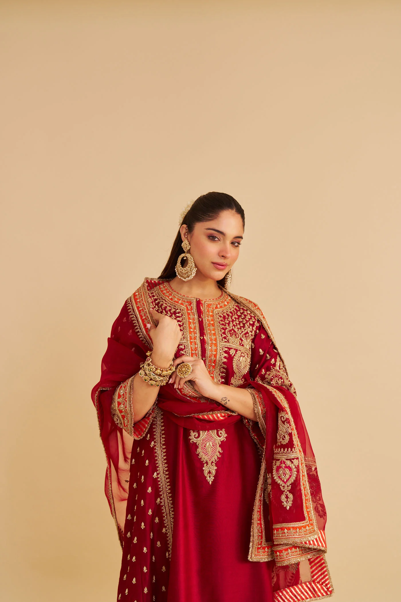 Zoya - Dabka Zardozi Embroidered Rich Banarasi Kalidaar Deep Red Long Chauga Set - Image 3