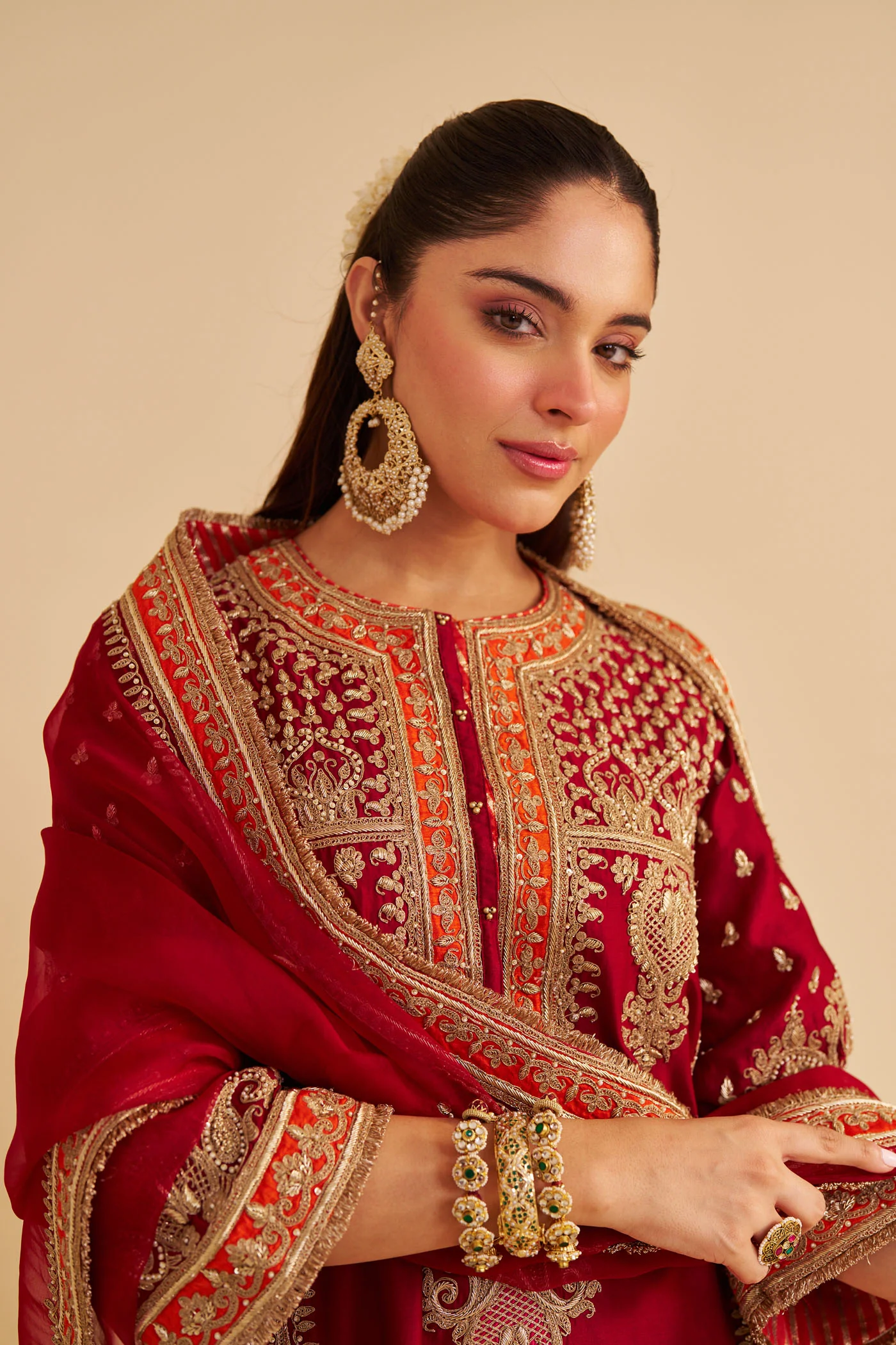 Zoya - Dabka Zardozi Embroidered Rich Banarasi Kalidaar Deep Red Long Chauga Set - Image 4